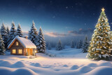 Fir tree and decorations with christmas light behind, Christmas Holiday background with snow.