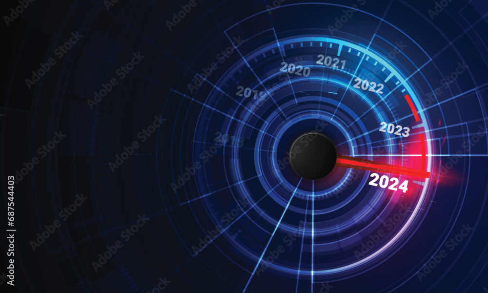 New year 2024 car speedometer, red indicator on black blur background New year 2024 car speedometer, red indicator on black blur background