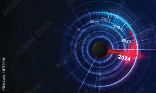 New year 2024 car speedometer, red indicator on black blur background