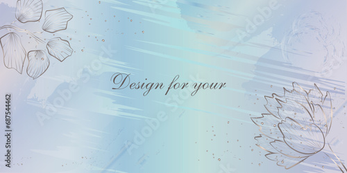 Background for card, website, brand, silver flowers, plants on a pink and blue watercolor background. Vector composition for design of greeting cards, invitations, use for banners, wall art, prints an