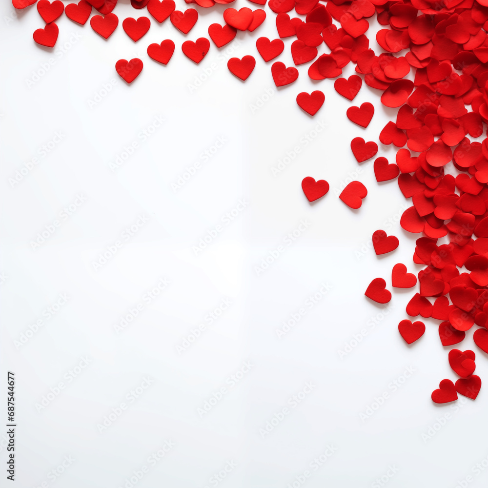 Festive composition from red hearts scattered and isolated on white background