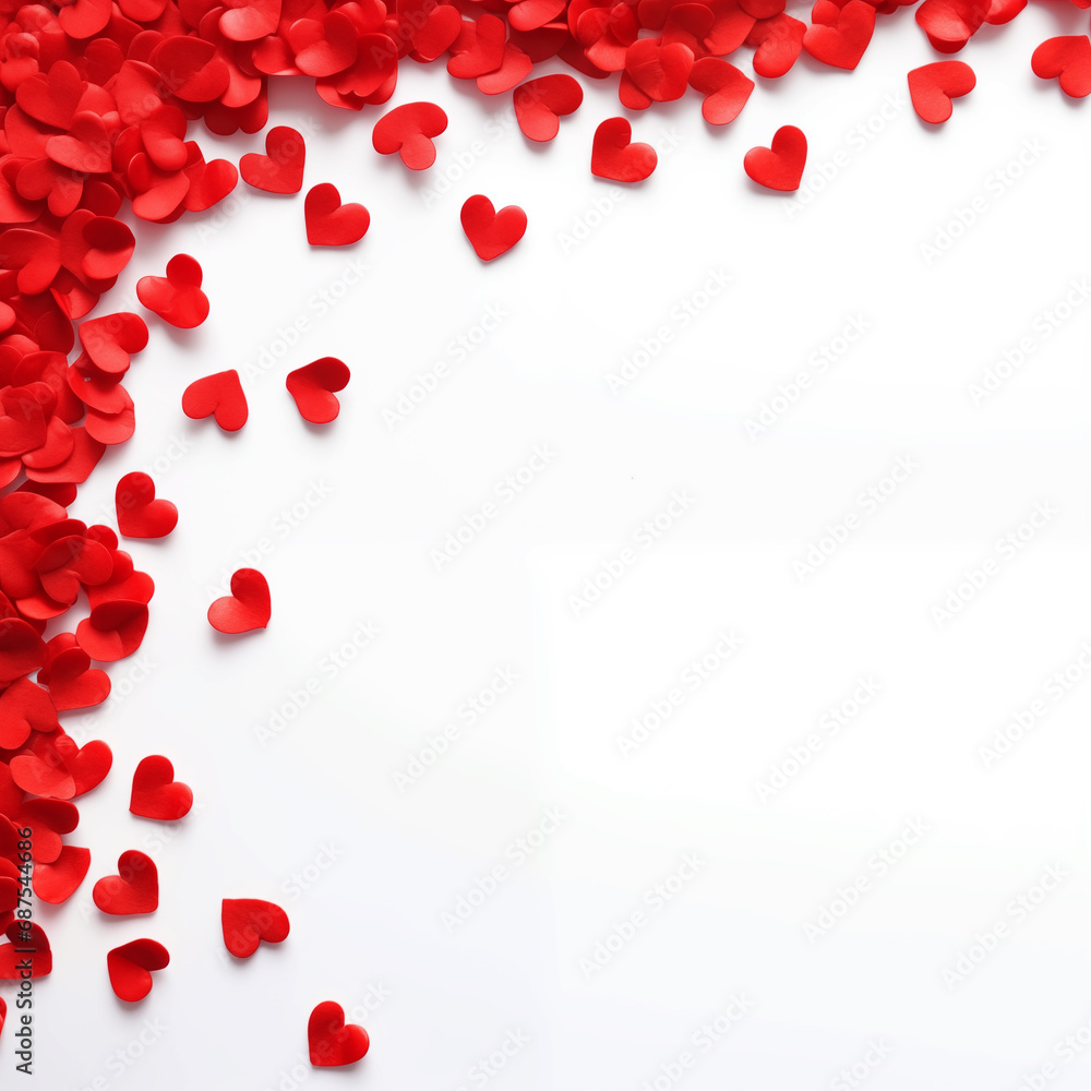 Festive composition from red hearts scattered and isolated on white background