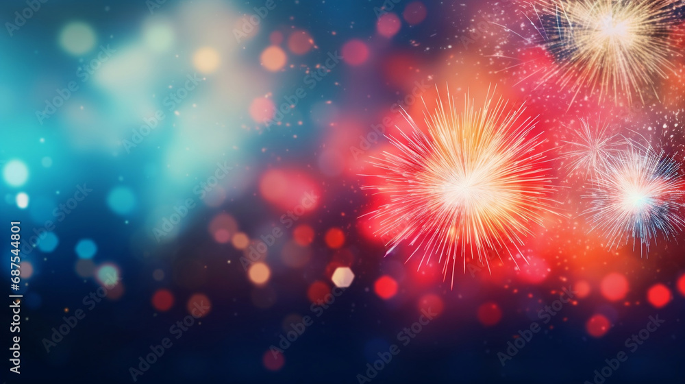 Obraz premium Firework explosion and bokeh in New Year eve. New year festive abstract background. Copy space. Generative Ai illustration.