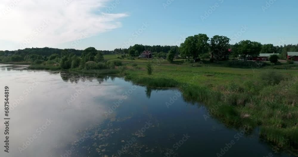 Aerial: Drone Scenic View Of Houses On Green Landscape, Drone Flying Forward Over Tranquil Lake - Mariefred, Sweden Aerial: Drone Scenic View Of Houses On Green Landscape, Drone Flying Forward Over Tranquil Lake - Mariefred, Sweden