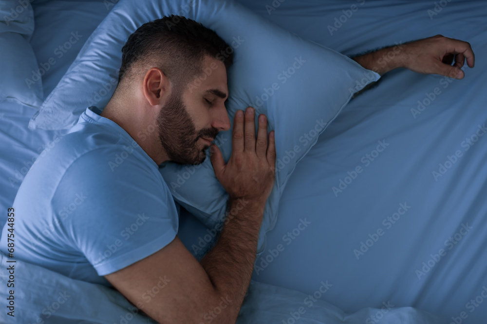 Middle Aged Guy Sleeping Lying On Comfortable Bed Indoors Middle Aged Guy Sleeping Lying On Comfortable Bed Indoors