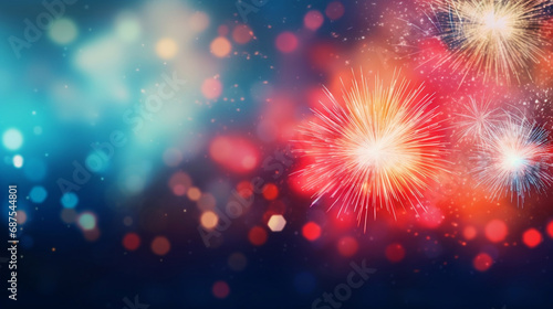 Firework explosion and bokeh in New Year eve. New year festive abstract background. Copy space. Generative Ai illustration.