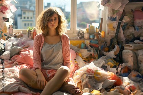 Teenage girl in her bedroom. Messy and untidy room with all kinds of things scattered on the floor. Full of mess in the room.
