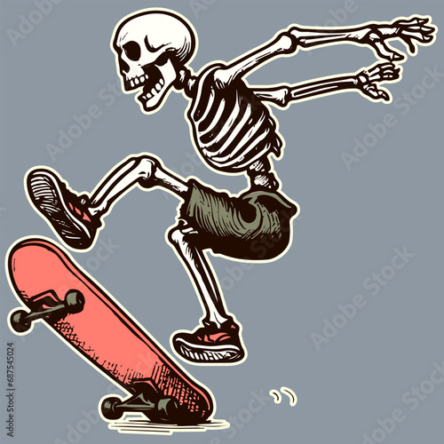 Drawing of a skateboarding  skeleton on a skateboard doing tricks. Cartoon character practicing extreme sports