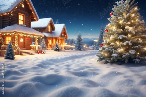 Fir tree and decorations with christmas light behind  Christmas Holiday background with snow.