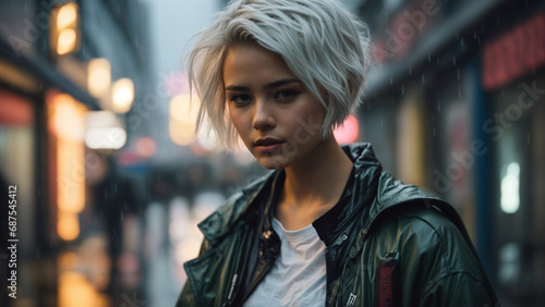 Realistic girl with short white hair in a jacket against the background of the city and rain, close look