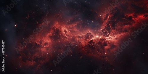 A close-up of a deep red nebula with swirling dust and glittering stars.
