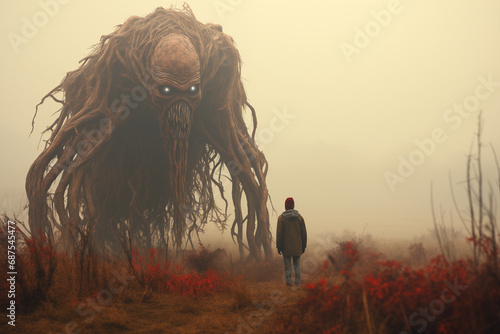 fantastic picture of a nightmare, a fictional giant creature next to a man on a foggy autumn field photo