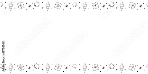 Vector background, frame, border of outline festive xmas symbols. Horizontal top and bottom edging for Merry Christmas, Happy New Year