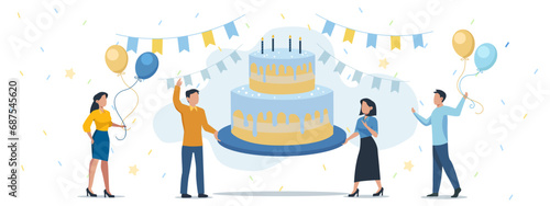Vector of men and women with birthday cake, balloons celebrate.
