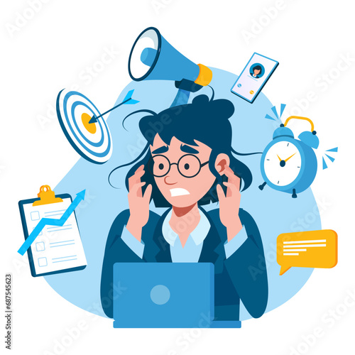 Vector of a stressed multitasking business woman
