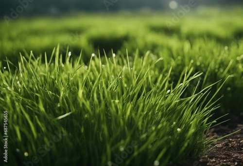 Fresh green grass in foreground close up
