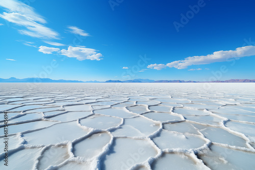 landscape of dry salt lake bed with white cracked surface
