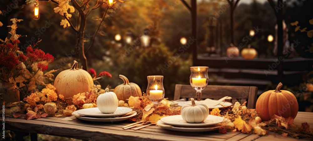 Outdoor fall autumn table setting with fall leaves and pumpkins 