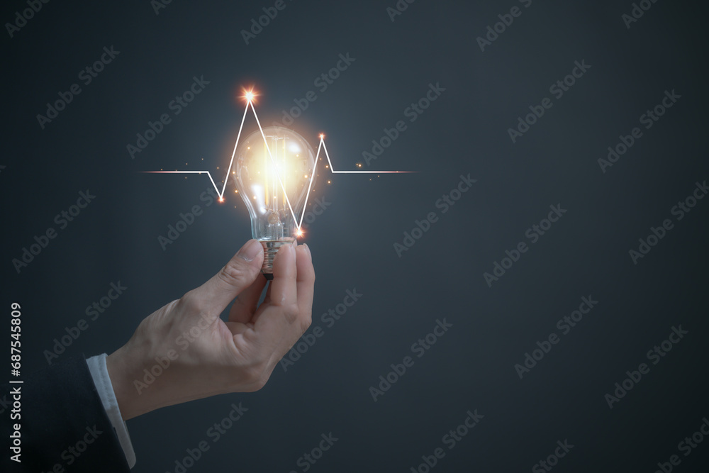 Inspiration. hand hold light bulb for good idea. brainstorming creative. Idea innovation and inspiration concept creativity with bulbs that shine, success moment and get the best idea to pass problem - obrazy, fototapety, plakaty 