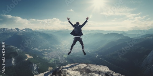 Businessman jumping on a mountain peak with raised arms.