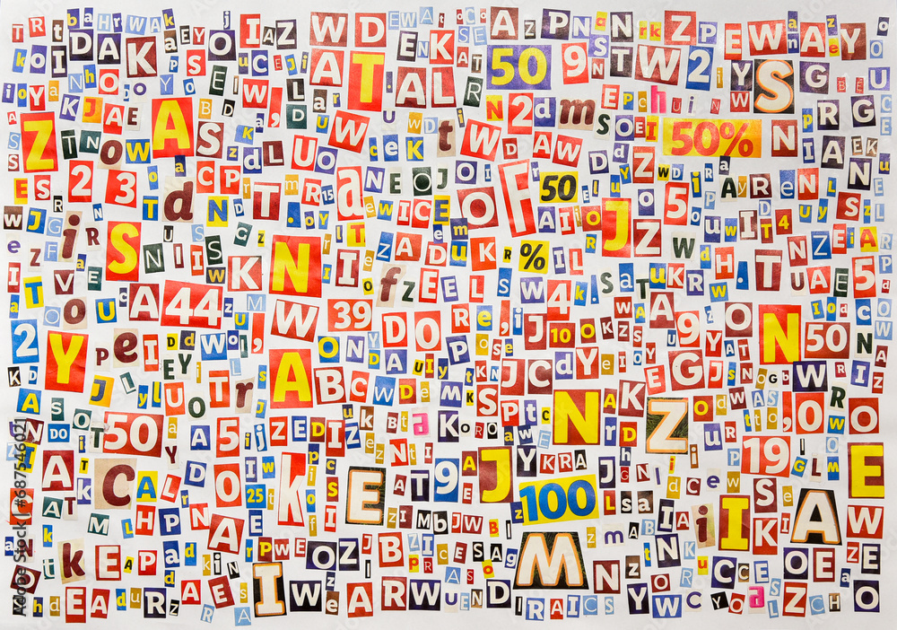 Alphabet letters and numbers cut from magazines and newspapers
