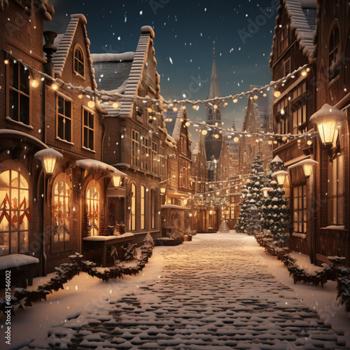 Evening snow-covered street with two-storey houses decorated with garlands for Christmas