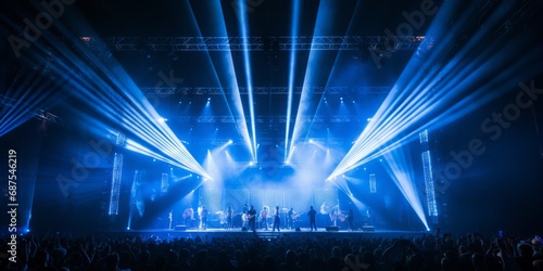 Concert stage with large screens and blue lighting.