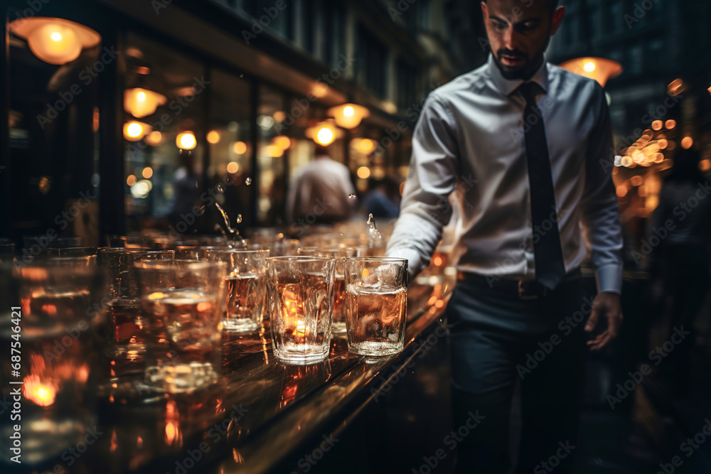 Waiter walking fast in a restaurant and serving glasses of alcohol, dynamic life in restaurant.