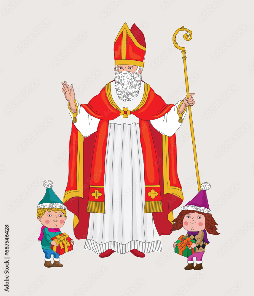 Vector illustration of St Nicholas with children holding gifts Vector illustration of St Nicholas with children holding gifts