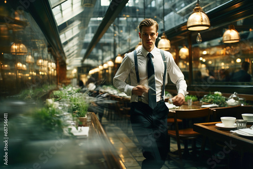 Waiter in a suit walking fast in a restaurant. Motion blur and speed serving, dynamic life in restaurant. Many tables on background.