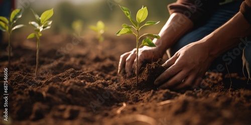 Planting young trees in soil.