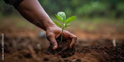 Planting young trees in soil.