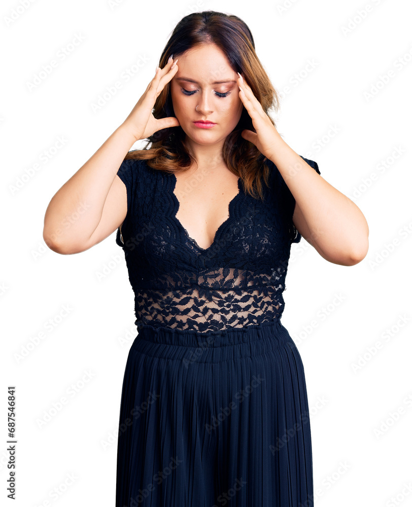 Young beautiful caucasian woman wearing elegant dress suffering from headache desperate and stressed because pain and migraine. hands on head. Young beautiful caucasian woman wearing elegant dress suffering from headache desperate and stressed because pain and migraine. hands on head.