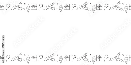 Vector background, frame, border of outline festive xmas symbols - presents, stars, holly berries. Horizontal top and bottom edging for Merry Christmas, Happy New Year