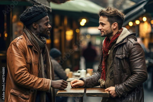 African man and european man standing next to each other and talk on the street. photo