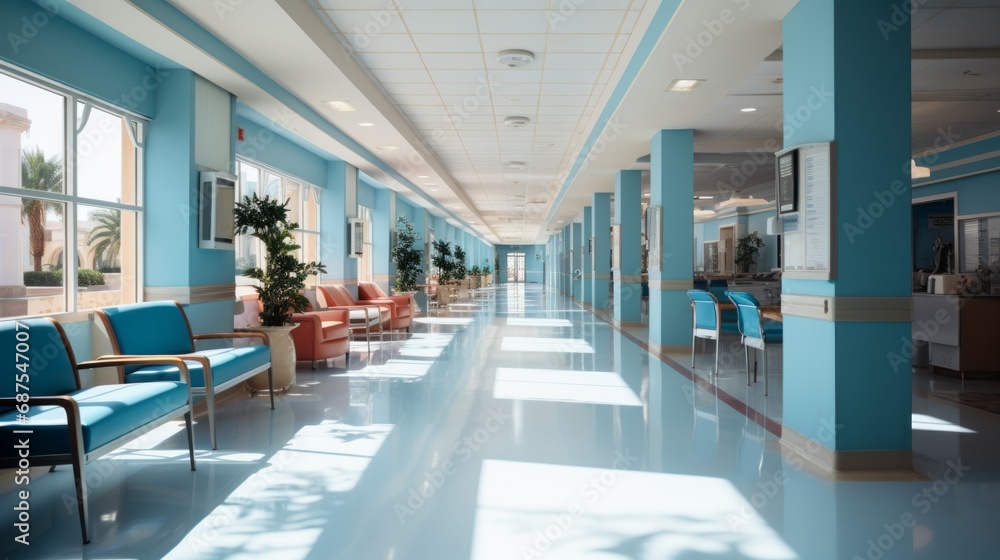 Interior of a hospital corridor with a clean floor
