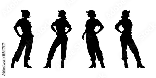 Female construction worker with hat and work overall. Set of working woman in different poses and color options. Silhouette of female workers in uniform. Vector illustration isolated on white 