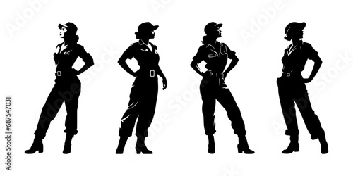 Female construction worker with hat and work overall. Set of working woman in different poses and color options. Silhouette of female workers in uniform. Vector illustration isolated on white	