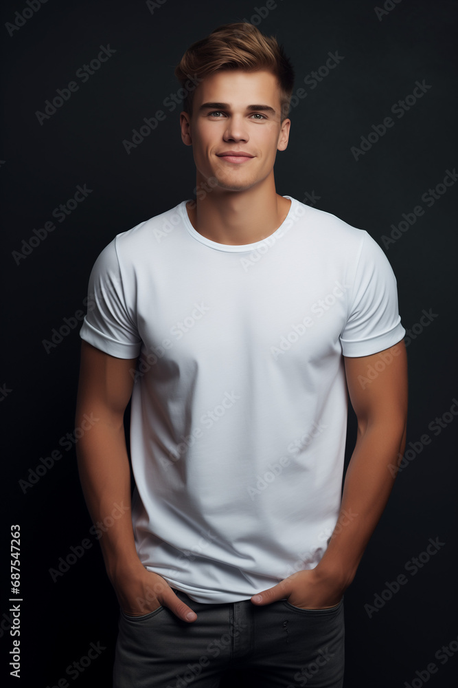 Portrait of a young man standing a front of a gray wall with hands in pockets and smiling at the camera. Portrait of a young man standing a front of a gray wall with hands in pockets and smiling at the camera.