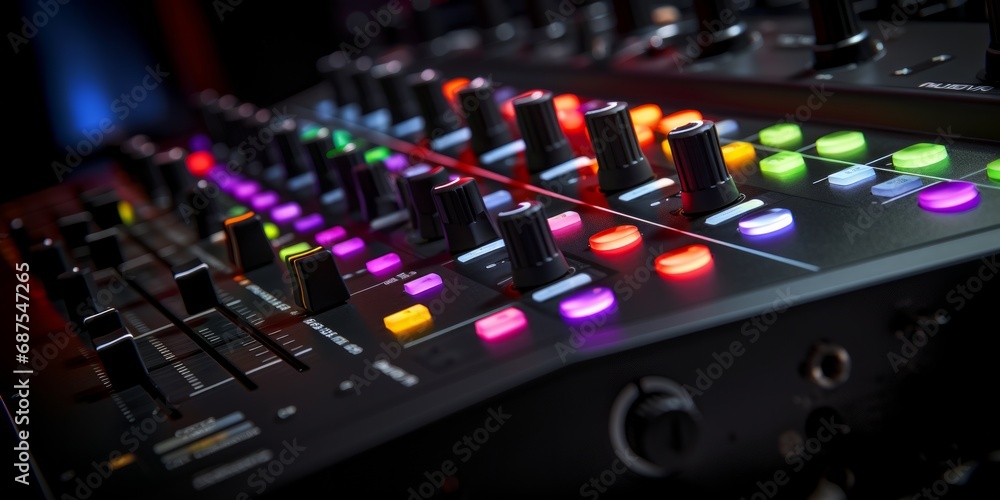 Sound mixing console with colorful knobs. Sound mixing console with colorful knobs.