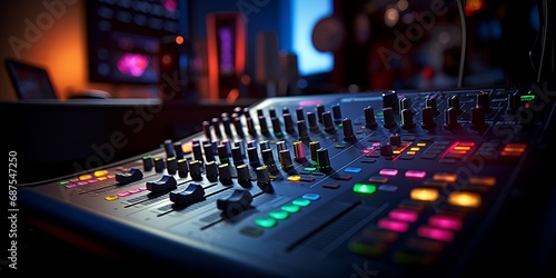 Sound mixing console with colorful knobs.