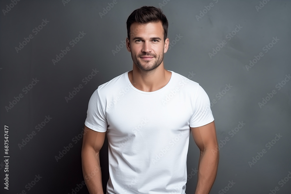 Portrait of a young man standing a front of a gray wall with hands in pockets and smiling at the camera. Portrait of a young man standing a front of a gray wall with hands in pockets and smiling at the camera.