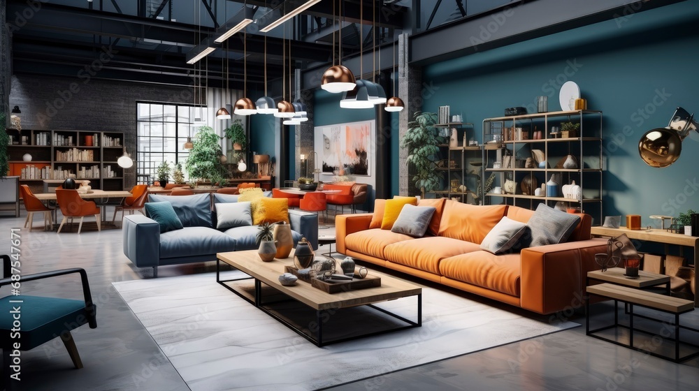 Generative AI: Scandinavian Sofas, Colorful, Minimalist Showroom Display with Modern Design, Comfortable Seating, and Trendsetting Style in Various Colors and Materials