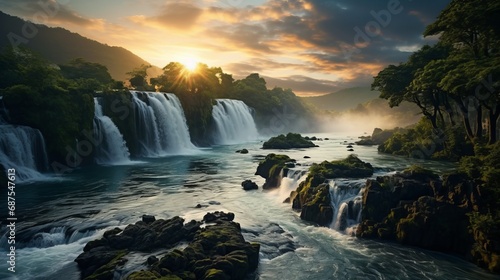 Waterfall at dawn surrounded by fog