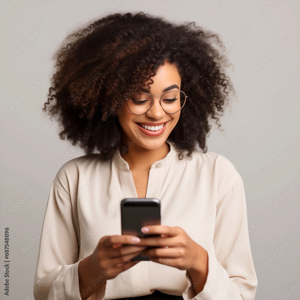 A black woman smiling while using a smartphone on a beige isolated background A black woman smiling while using a smartphone on a beige isolated background