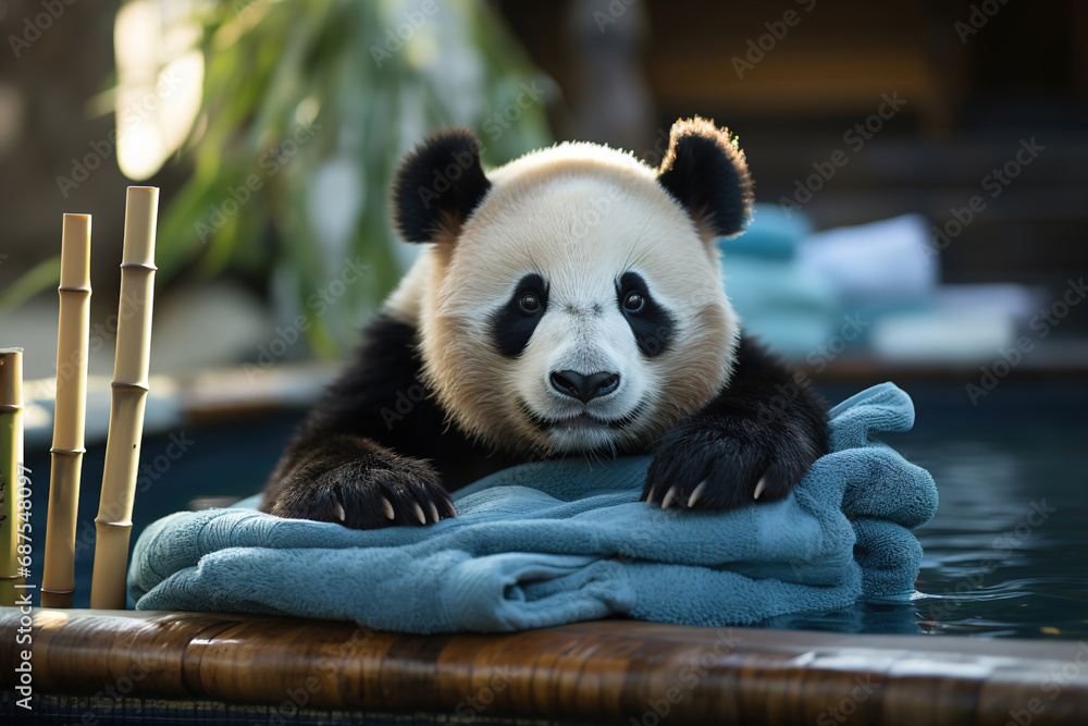 A panda bear enjoying spa procedures in luxury hotel. A panda bear enjoying spa procedures in luxury hotel.