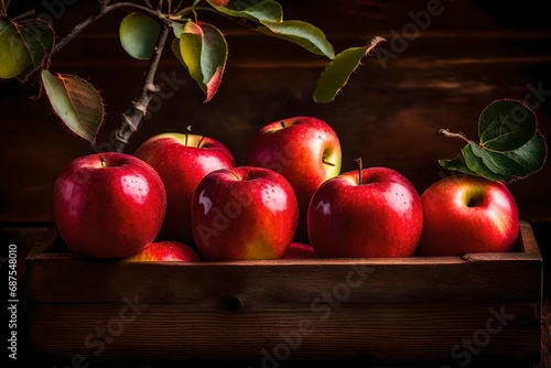 red apples on a wooden table, Apples, Fruits, Red image. Apples glisten in the soft sunlight, their ruby-red skin appearing almost translucent