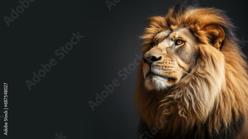 A lion looks in the distance isolated on gray background