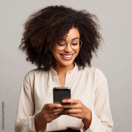 A black woman smiling while using a smartphone on a beige isolated background