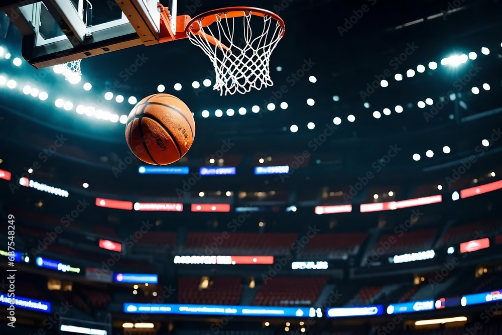 A big sports arena with a brightly lit basketball backboard. Focus on the rim and net